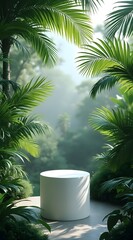 Obraz premium Tropical paradise scene with white display podium and lush green palm fronds environment