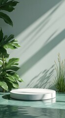 Modern product presentation with a white pedestal surrounded by green foliage and refreshing water.