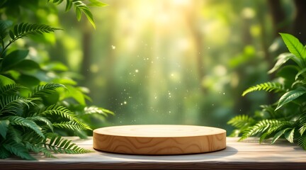 Wooden podium displayed with lush green foliage and sparkles in a natural forest setting