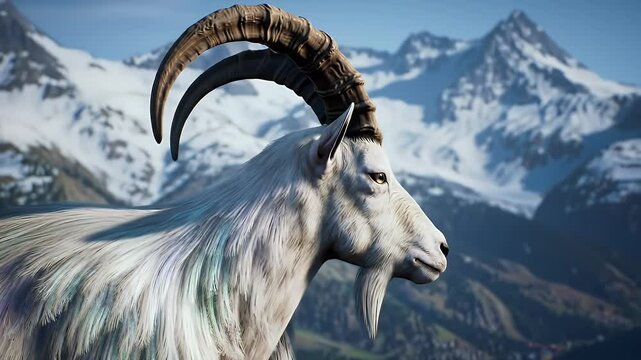 Close Up of White Mountain Goat with Snowy Peaks Under Clear Skies