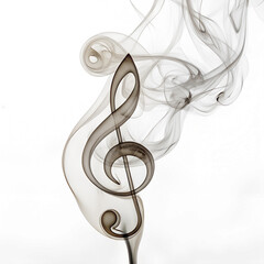 A treble clef shape formed by swirling smoke on a transparent background. The smoke is light brown and gracefully curves, creating an artistic representation of music.