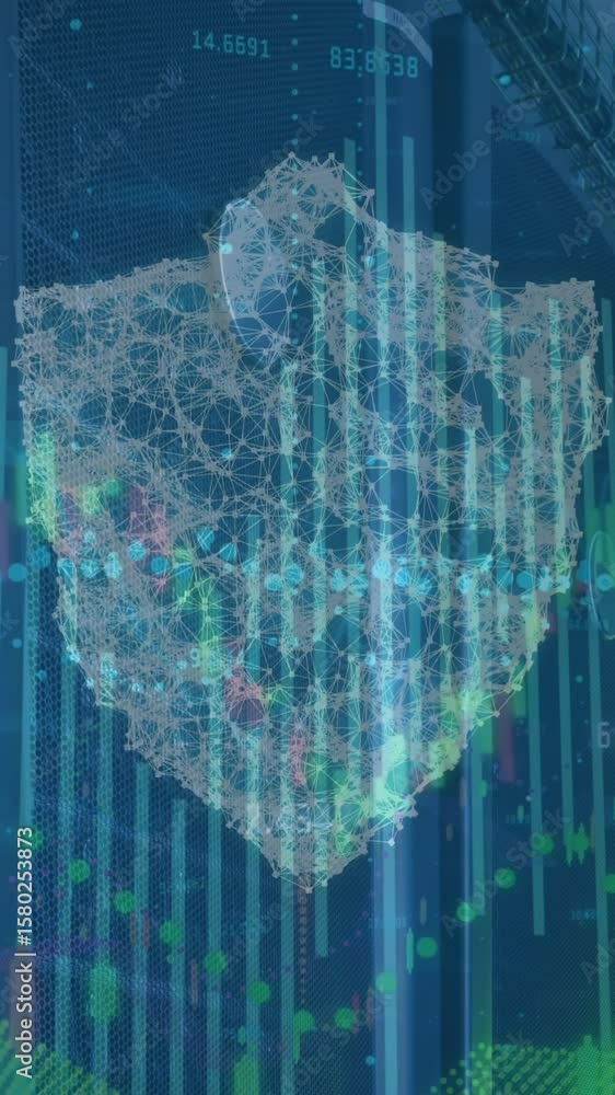 Poster animation of financial data processing over security shield icon against computer server room