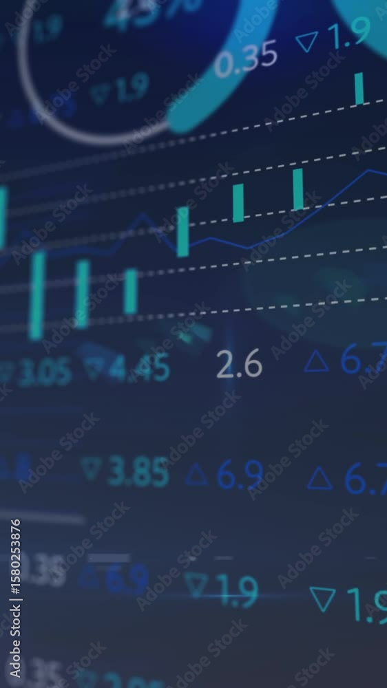 Poster animation of statistics and financial data processing on blue background