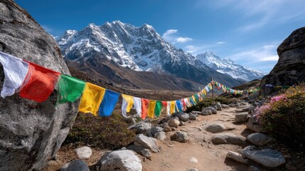 A row of colorful prayer flags gently fluttering in the wind, stretched between two sturdy rocky cliffs on a high Himalayan plateau