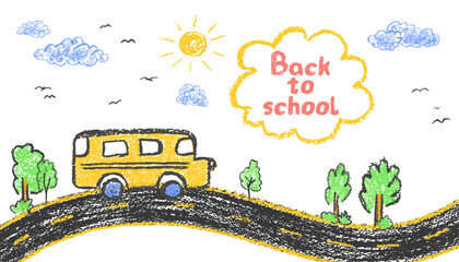 Yellow school bus on a road with trees, sun, clouds and folk of birds in the sky. Wax crayon style, drawn like on a chalkboard. Fun kindergarten theme for back to school in autumn. Cute vector sketch