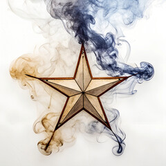 A wooden star shape surrounded by colorful smoke in shades of blue, white, and brown. The background is transparent, emphasizing the star and smoke effects.