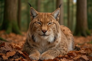 Naklejka premium A serene lynx rests in the tranquil embrace of a forest floor, its eyes closed as if in peaceful contemplation