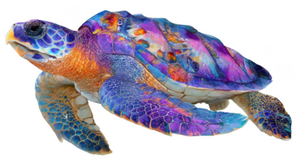 Colorful sea turtle with a textured blending shades of blue, orange, purple, and yellow swimming on a white isolated background with no shadow.