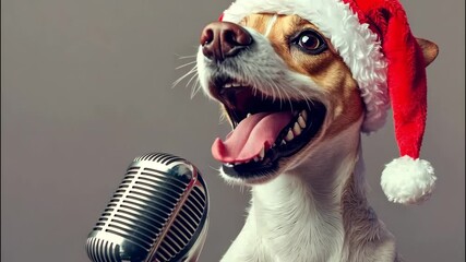 Funny jack russell dog wearing christmas hat holds megaphone announcing christmas sales and advertising discounts
