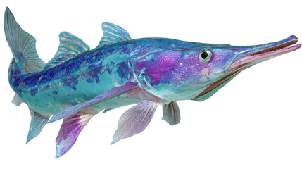 Fototapeta premium A vividly colored iridescent spatula fish swims gracefully with its long distinctive rostrum, isolated against a plain background for clear visibility.