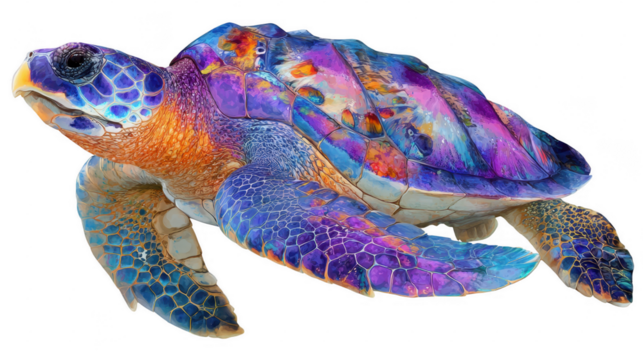 Colorful sea turtle with a textured blending shades of blue, orange, purple, and yellow swimming on a white isolated background with no shadow.