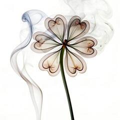 A stylized flower with heart-shaped petals, created from smoke, on a transparent background. The flower has a delicate appearance with swirling smoke accents.