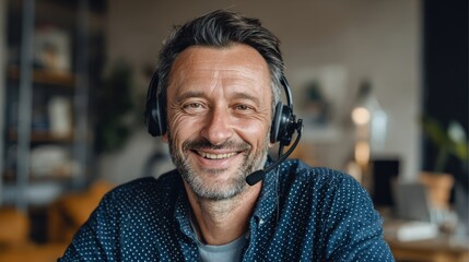 Focused businessman wearing a headset, smiling while working remotely in a modern office environment.