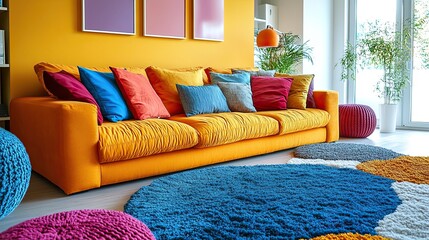 Modern Cozy Living Room with Vibrant Colors, Comfortable Seating, and Bright Decor 