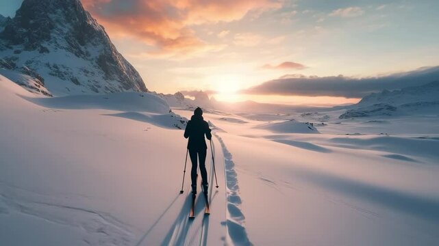 Athlete skiing in beautiful snowy mountains at sunset