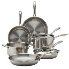 Isolated Still Life of Stainless Steel Pots and Pans Cookware Set