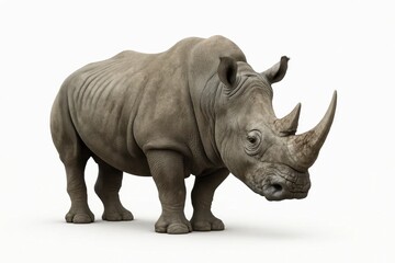 Obraz premium A lone rhinoceros stands majestically against a stark white background, its powerful form a testament to nature's grandeur