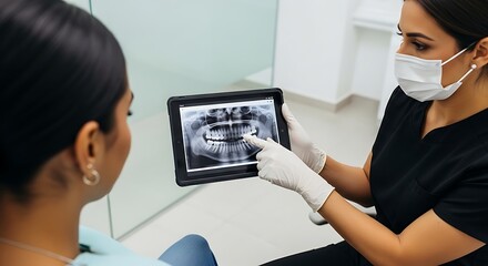 Dentist explaining x-ray to patient in modern dental office