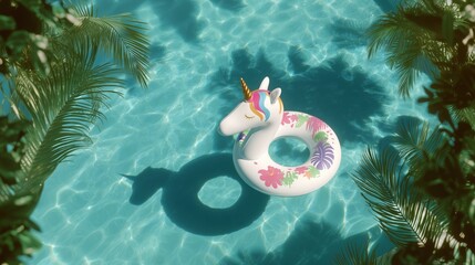 Magical unicorn pool float on turquoise water. Fun summer holiday, travel and leisure background.