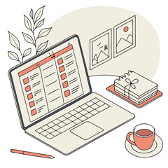 Isometric view of a laptop displaying a checklist with a pen, coffee, and artwork nearby on a desk