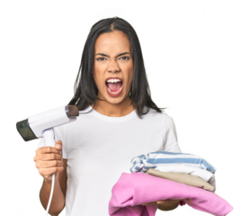 Overwhelmed Latina ironing clothes under pressure