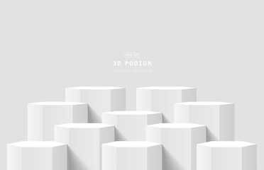 Fototapeta premium Abstract white 3d background in bright studio room. Ten realistic 3D hexagon podium pedestal. 3D stage for show product. Minimal wall scene for product mockup. 3D vector geometric platform.
