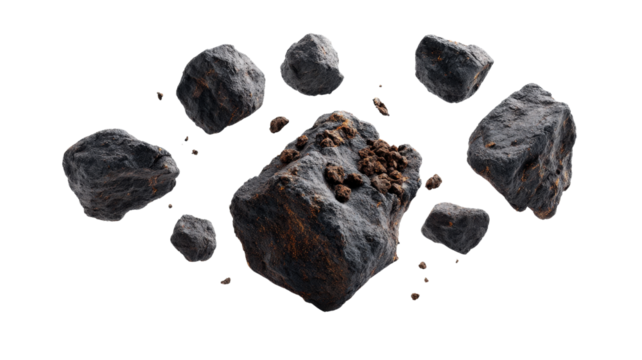 Floating basalt and mineral rocks, realistic texture and lighting, geology concept on white isolated on a Transparent background, PNG file.