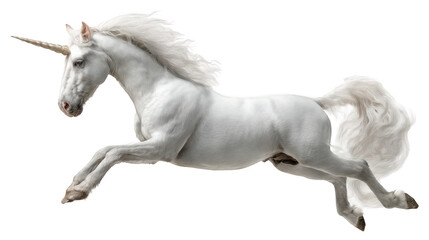 A beautiful white unicorn with a flowing mane and tail gallops gracefully across a clean white background in a magical and fantastical scene.