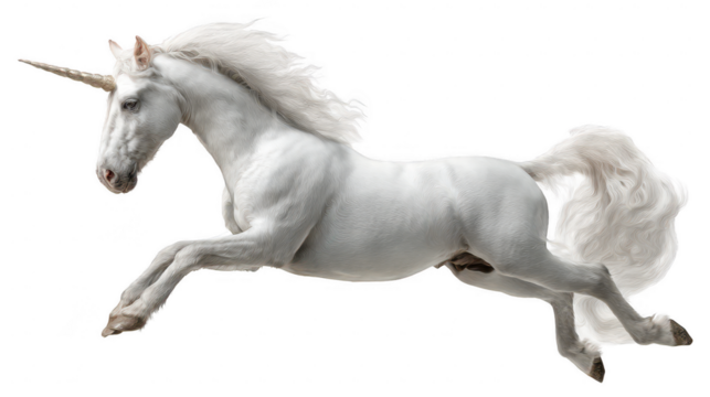 A beautiful white unicorn with a flowing mane and tail gallops gracefully across a clean white background in a magical and fantastical scene.
