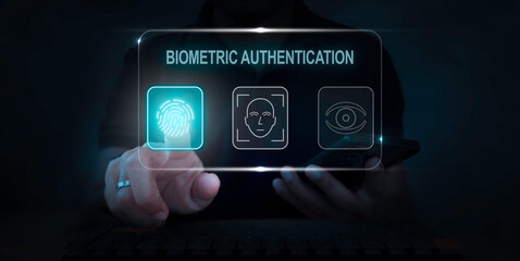 Man Using Fingerprint Scan for Secure Login on virtual application, Cyber Security, Digital Identity Verification, Technology Biometric Authentication Concept.