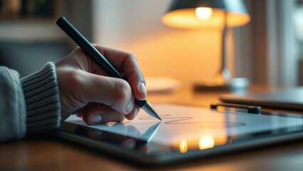 Macro shot of a hand holding a stylus over an e-ink signature tablet with warm backlight and shallow depth of field.