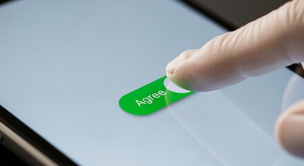 Macro shot of a hand pressing a digital �Agree� toggle on a touchscreen panel, neutral daylight, editorial vibe.
