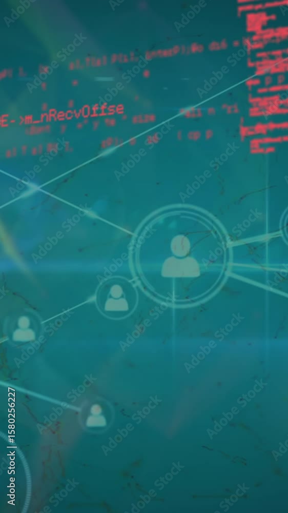 Poster animation of network of profile icons, data processing and light spot against green background