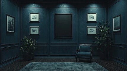 Modern Dark Living Room Interior with Empty Frames for Display or Interior Decoration 