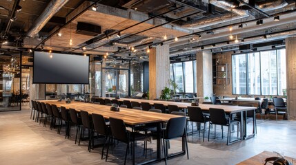Naklejka premium Modern office space featuring a large meeting room with wooden tables and ample natural light for productive collaboration.