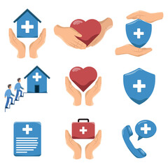 Set of Medical and Healthcare Illustrations Icons of Hands Holding Heart, Clinic, First Aid Kit, Medical Record, Shield, and Telemedicine Concept Representing Care, Protection, and Support in Medicine