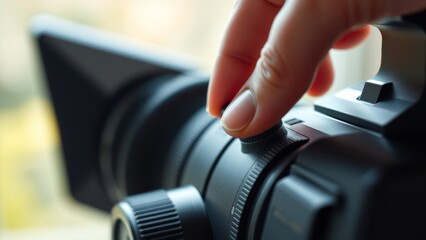 A hand delicately adjusts the focus ring on a conference camera, bathed in soft natural light, showcasing technology and precision.