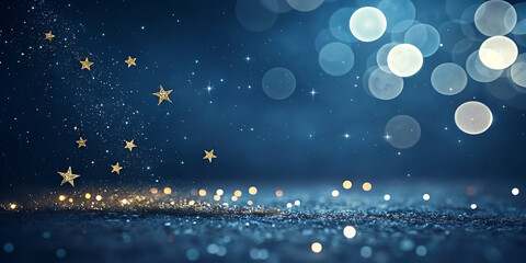 Sparkling golden stars and bokeh lights on a deep blue night sky background