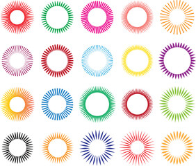 Collection of colorful circular starburst and sunburst graphic elements