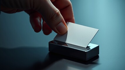 Hand slides card into holder. Hyper-realistic, cool light, smooth texture, cold metal, fine lines, subtle shadows.