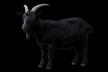 A solitary black goat stands against a stark black background, its white horns reaching towards the sky