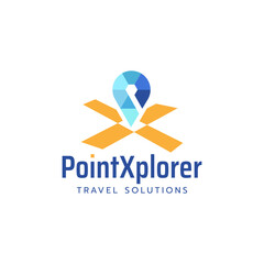 Modern travel logo featuring a geometric map pin and stylized compass in blue and orange, ideal for travel consulting, exploration, and tourism-related branding.