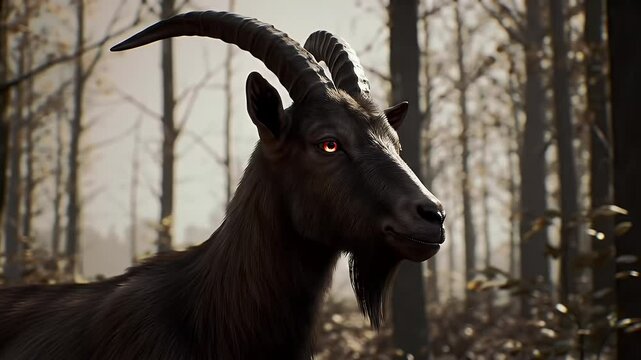 Goat with Glowing Red Eyes Stands in Desolate Forest with Bare Trees and Dark Coat