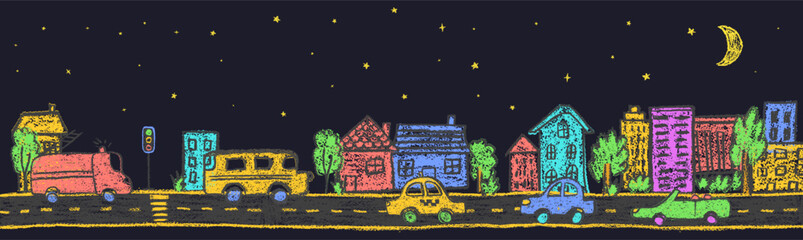 Night city art in wax crayon style with doodle cars, garden, houses, and sky wit moon and stars. Charcoal squiggles ideal for baby, kids or kindergarten transport location themes. Vector illustration © A_Y_N