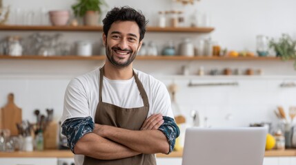 Smiling man in an apron stands confidently in a modern kitchen, ready to cook and share delicious recipes.