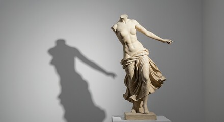 A headless marble female statue with flowing drapery and an extended arm casting a long shadow on a light gray wall