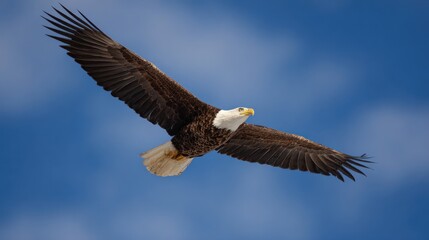 Naklejka premium Bald eagle soaring in a clear blue sky
