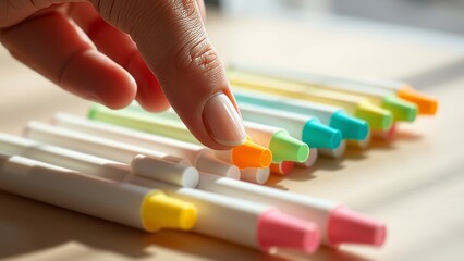 A row of pastel highlighters is meticulously arranged in soft light, showcasing their delicate hues and precise alignment, exuding perfection.