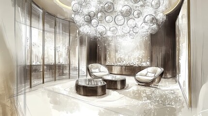 Interior sketch of a modern lobby with elegant furnishings.