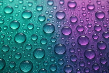 A close-up view of water droplets on a translucent surface, showcasing a gradient from cool teal to vibrant purple